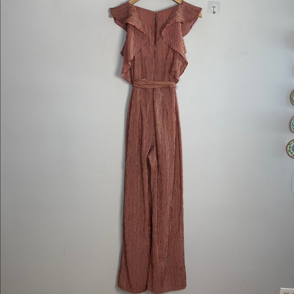 Anthropologie Eva Franco Ruffle Striped Jumpsuit in Terracotta Small Pockets - Picture 11 of 16